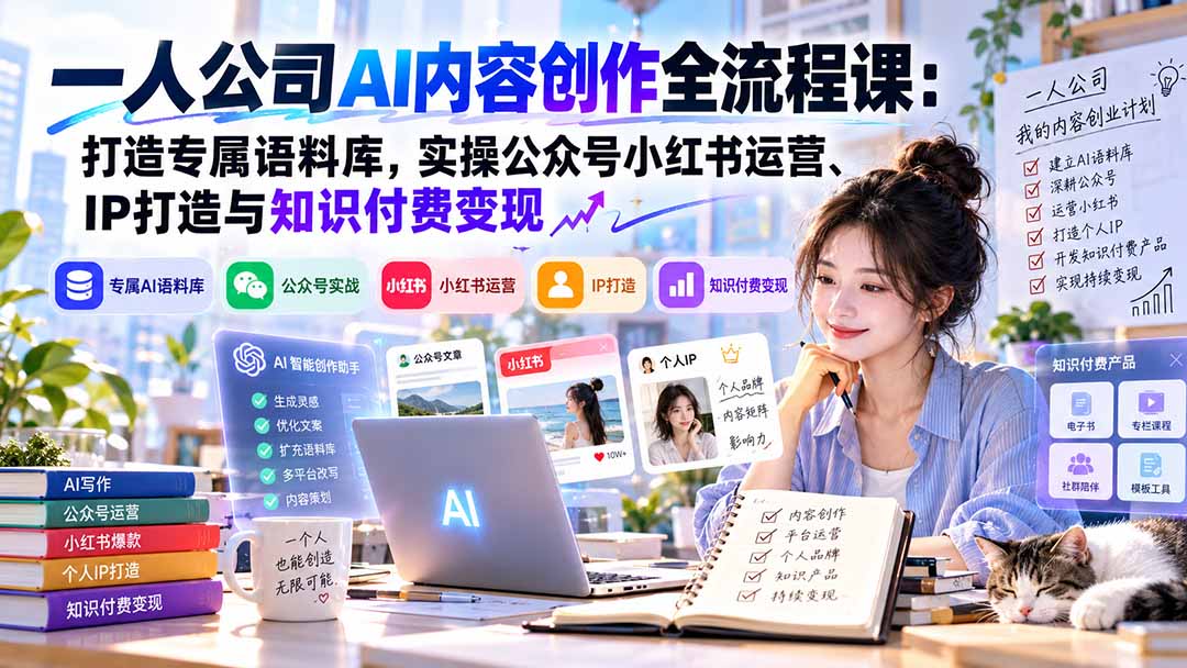 一人公司AI内容创作全流程课：打造专属语料库，实操公众号小红书运营、IP打造与知识付费变现方法论-shxbox省心宝盒