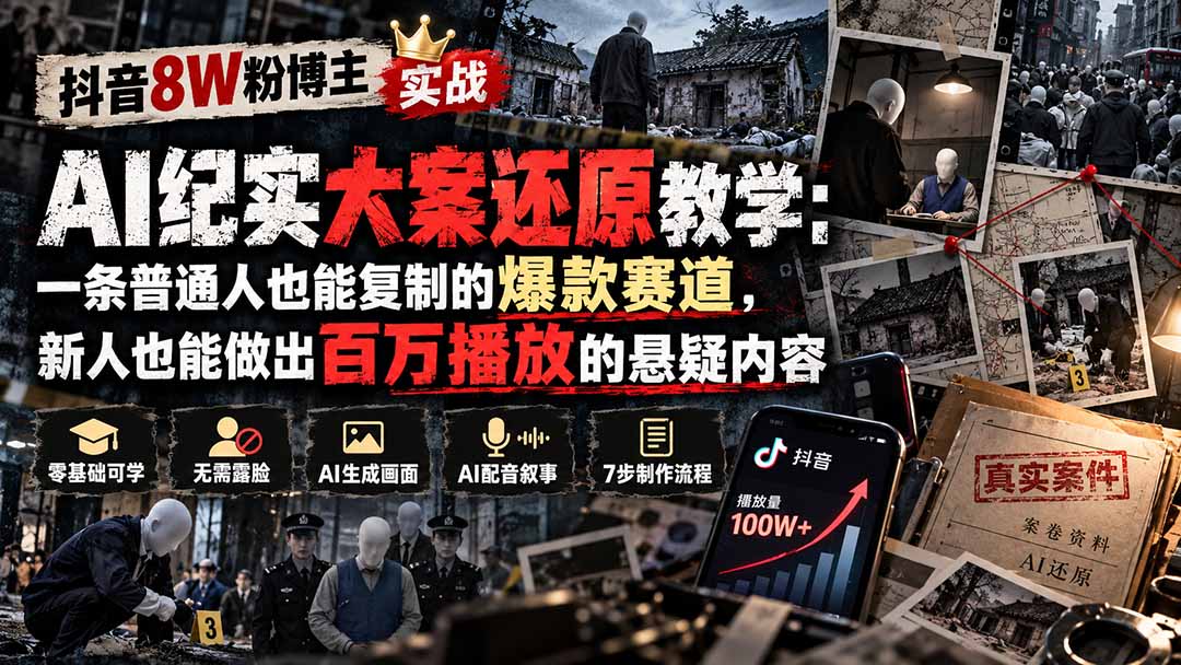 抖音8W粉博主AI纪实大案还原教学：一条普通人也能复制的爆款赛道，新人也能做出百万播放的悬疑内容-shxbox省心宝盒