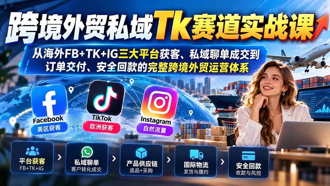 跨境外贸私域Tk赛道实战课：从海外FB+TK+IG三大平台获客、私域聊单成交到订单交付、安全回款的完整跨境外贸运营体系-shxbox省心宝盒