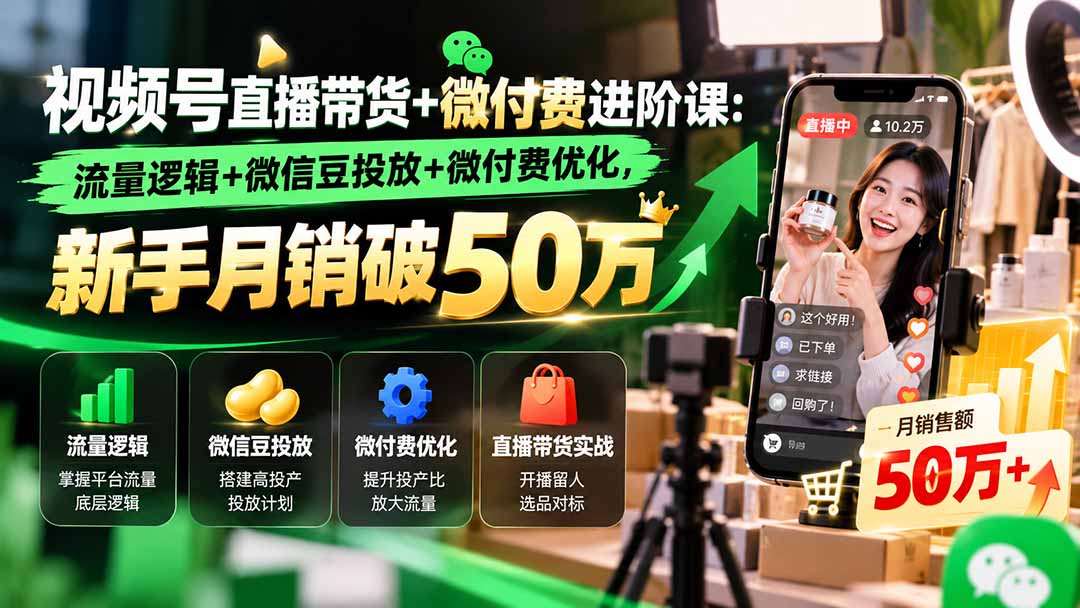 视频号直播带货+微付费进阶课-更新1010：流量逻辑+微信豆投放+微付费优化，新手月销破50万-shxbox省心宝盒