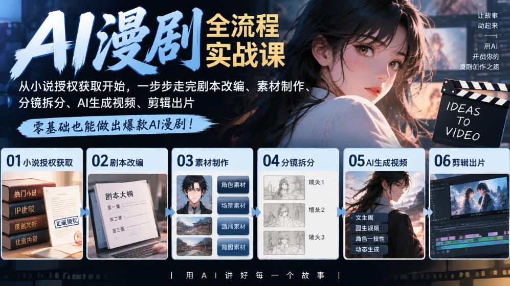 AI漫剧全流程实战课｜从小说授权获取开始，一步步走完剧本改编、素材制作、分镜拆分、AI生成视频、剪辑出片全流程-shxbox省心宝盒