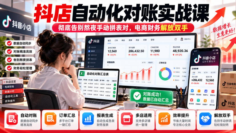 抖店自动化对账实战课，彻底告别熬夜手动拼表对，账电商财务解放双手-shxbox省心宝盒
