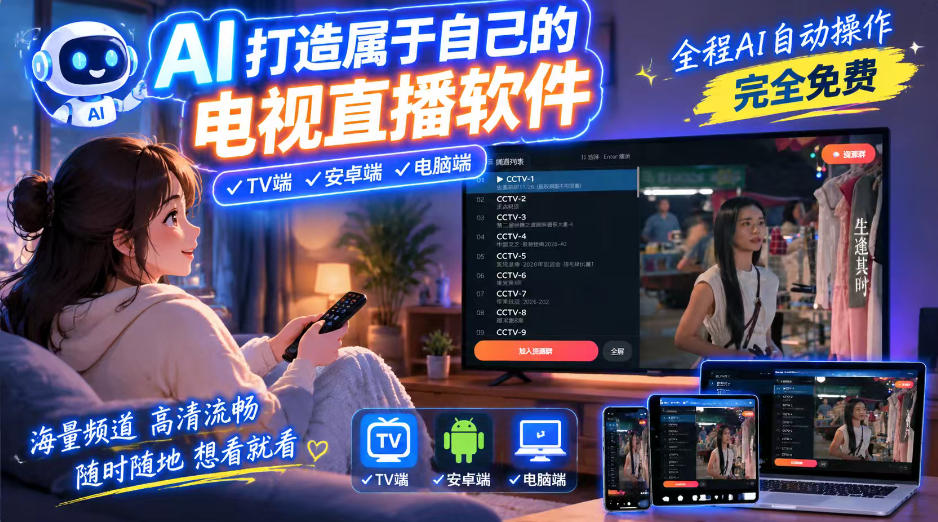 一个提示词，AI全自动做出电视直播软件，电脑、安卓、电视三端通用，完全免费，画质流畅不卡顿-shxbox省心宝盒
