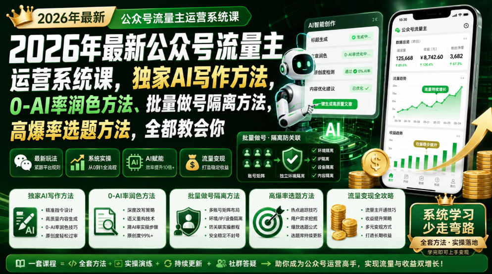 2026年最新公众号流量主运营系统课，独家AI写作方法，0-AI率润色方法、批量做号隔离方法、高爆率选题方法，全都教会你(更新1009)-shxbox省心宝盒