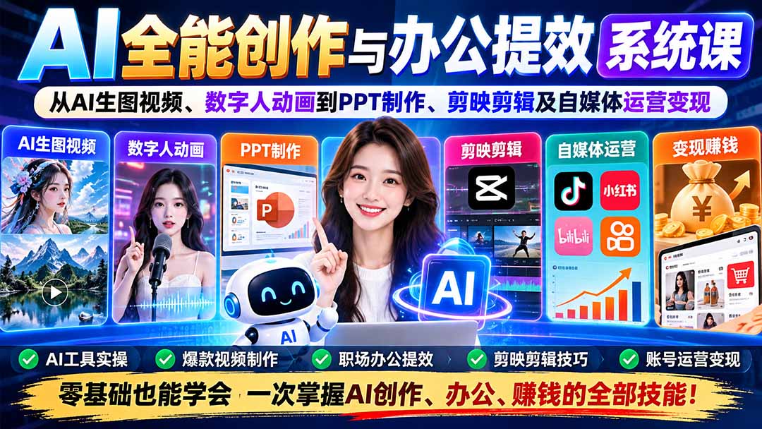 AI全能创作与办公提效系统课：从AI生图视频、数字人动画到PPT制作、剪映剪辑及自媒体运营变现-shxbox省心宝盒