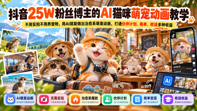 抖音25W粉丝博主的AI猫咪萌宠动画教学，不用实拍不用养宠物，用AI就能做出治愈系萌宠动画，打通伙伴计划、商单、收徒多种收益-shxbox省心宝盒