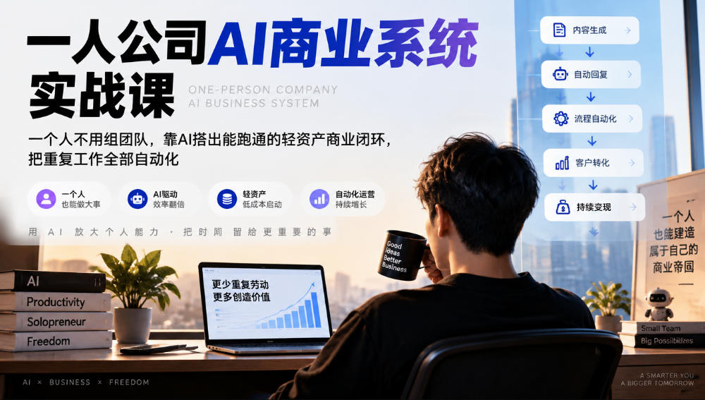 一人公司AI商业系统实战课，一个人不用组团队，靠AI搭出能跑通的轻资产商业闭环，把重复工作全部自动化-shxbox省心宝盒
