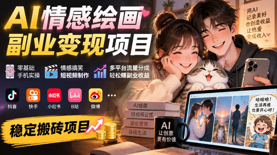 AI情感绘画副业变现项目｜零基础手机实操，情感搞笑短视频制作，多平台流量分成轻松賺副业收益-shxbox省心宝盒