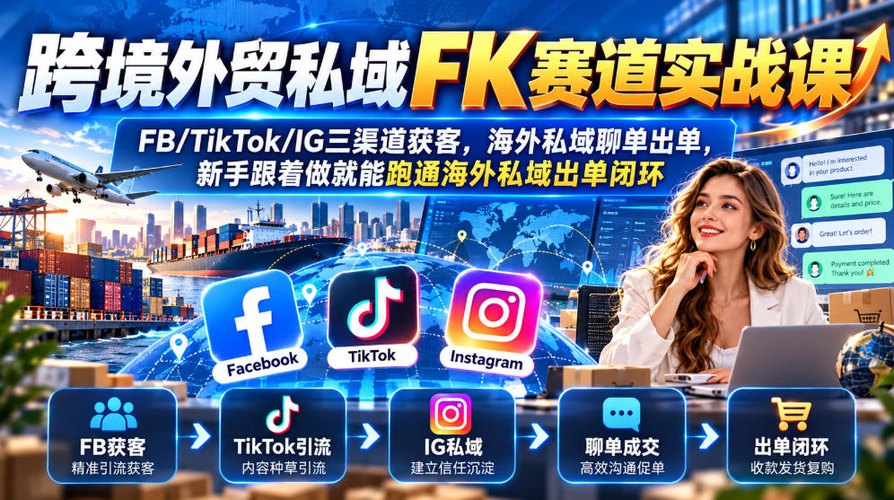 跨境外贸私域FK赛道实战课｜FB/TikTok/IG三渠道获客，海外私域聊单出单，新手跟着做就能跑通海外私域出单闭环-shxbox省心宝盒