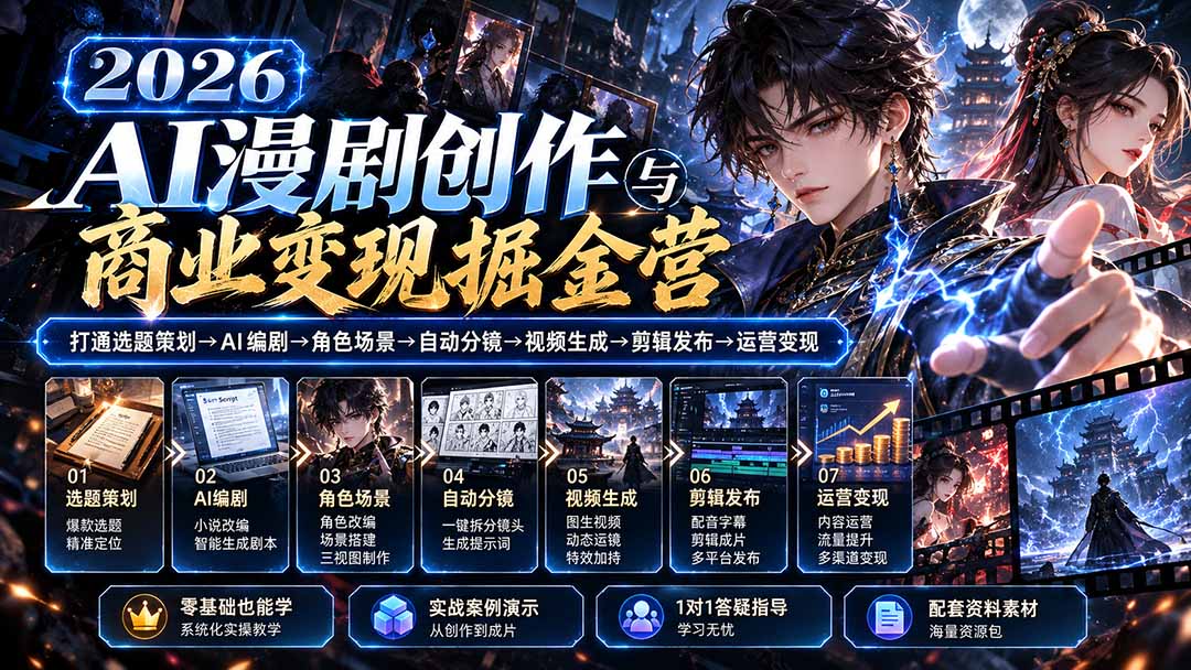【无水印】2026AI漫剧创作与商业变现掘金营：打通选题→AI编剧→角色场景→自动分镜→视频生成→剪辑发布→运营变现-shxbox省心宝盒