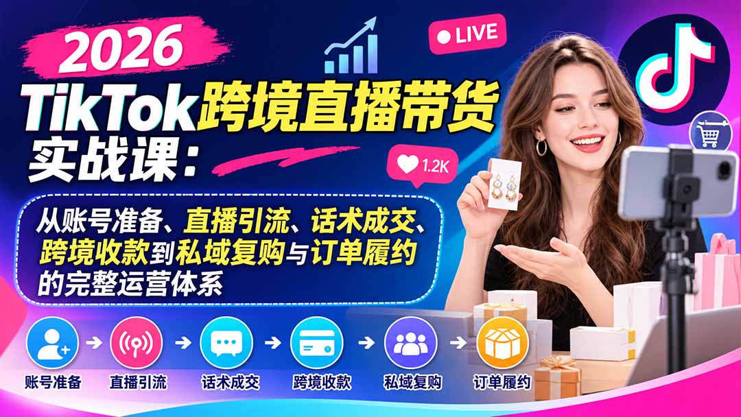 2026TikTok跨境直播带货实战课：从账号准备、直播引流、话术成交、跨境收款到私域复购与订单履约的完整运营体系-shxbox省心宝盒