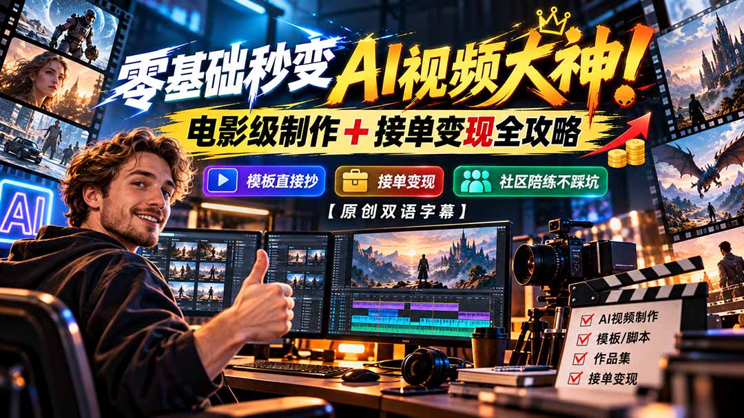 零基础秒变AI视频大神！电影级制作 + 接单变现全攻略，模板直接抄，社区陪练不踩坑【原创双语字幕】-shxbox省心宝盒