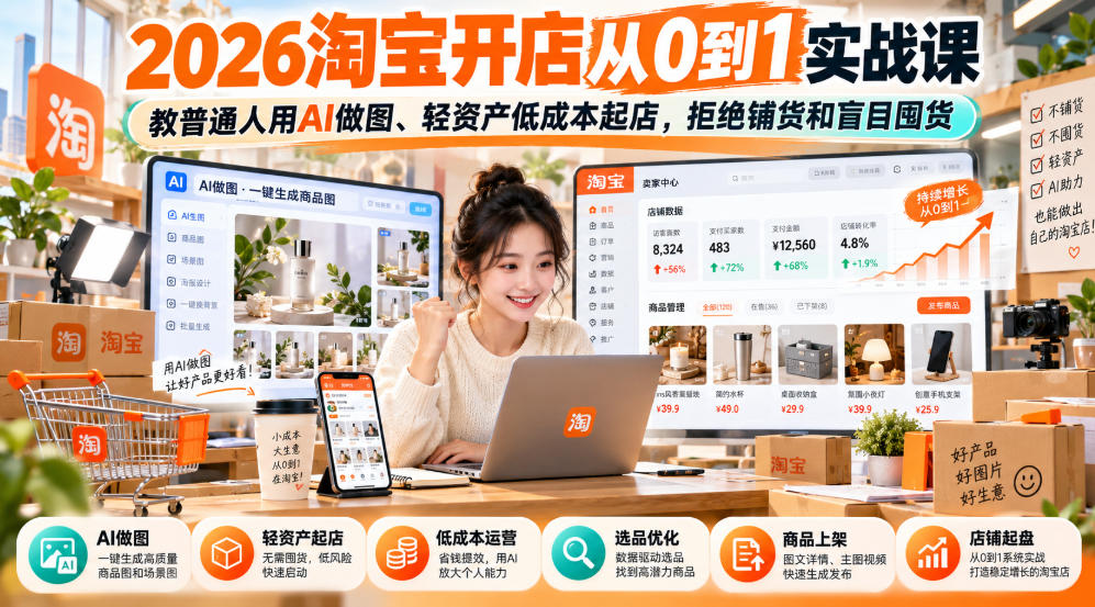 2026淘宝开店从0到1实战课，教普通人用AI做图、轻资产低成本起店，拒绝铺货和盲目囤货-shxbox省心宝盒