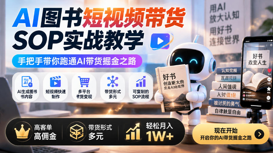 AI图书短视频带货SOP实战教学，手把手带你跑通AI带货掘金之路，高客单高佣金，带货形式多元，轻松月入1W+-shxbox省心宝盒