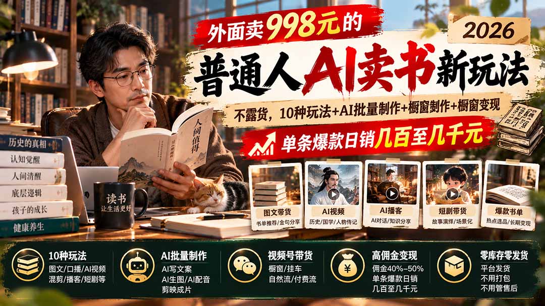 外面卖998元的2026普通人AI卖书新玩法：不露脸、不囤货，10种玩法+AI批量制作+橱窗变现，单条爆款日销几百至几千元-shxbox省心宝盒