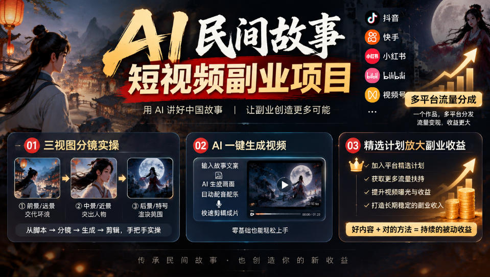 AI民间故事短视频副业项目，多平台流量分成，三视图分镜实操，精选计划放大副业收益-shxbox省心宝盒