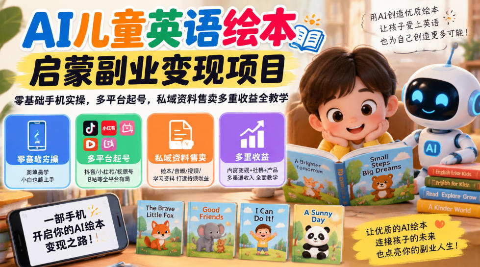 AI儿童英语绘本启蒙副业变现项目，零基础手机实操，多平台起号，私域资料售卖多重收益全教学-shxbox省心宝盒