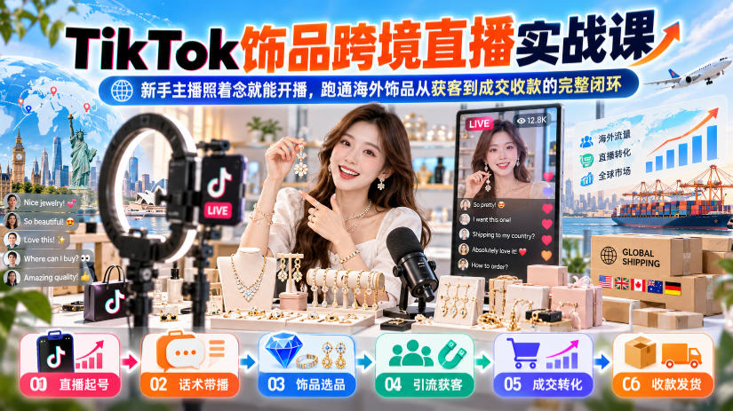 TikTok饰品跨境直播实战课，新手主播照着念就能开播，跑通海外饰品从获客到成交收款的完整闭环-shxbox省心宝盒