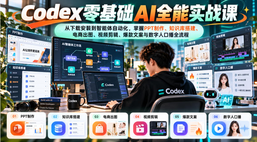 Codex零基础AI全能实战课：从下载安装到智能体自动化，掌握知识库搭建、电商出图、视频剪辑、爆款文案与数字人口播全流程-shxbox省心宝盒