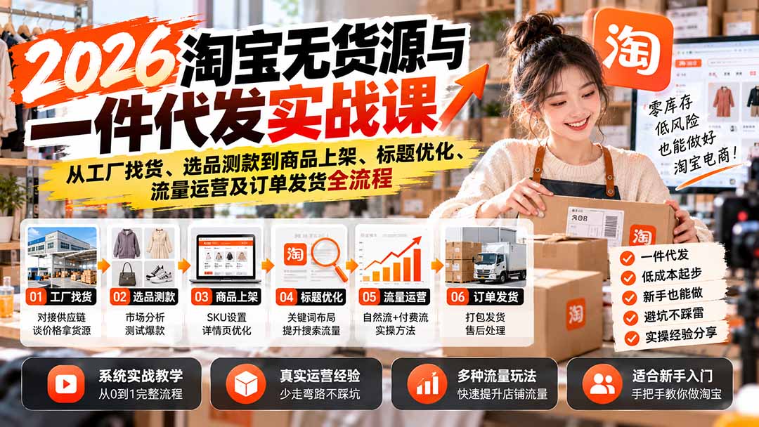 2026淘宝无货源与一件代发实战课：从工厂找货、选品测款到商品上架、标题优化、流量运营及订单发货全流程-shxbox省心宝盒