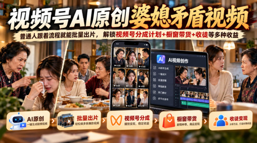 视频号ai原创婆媳矛盾视频，普通人跟着流程就能批量出片，解锁视频号分成计划+橱窗带货+收徒等多种收益-shxbox省心宝盒