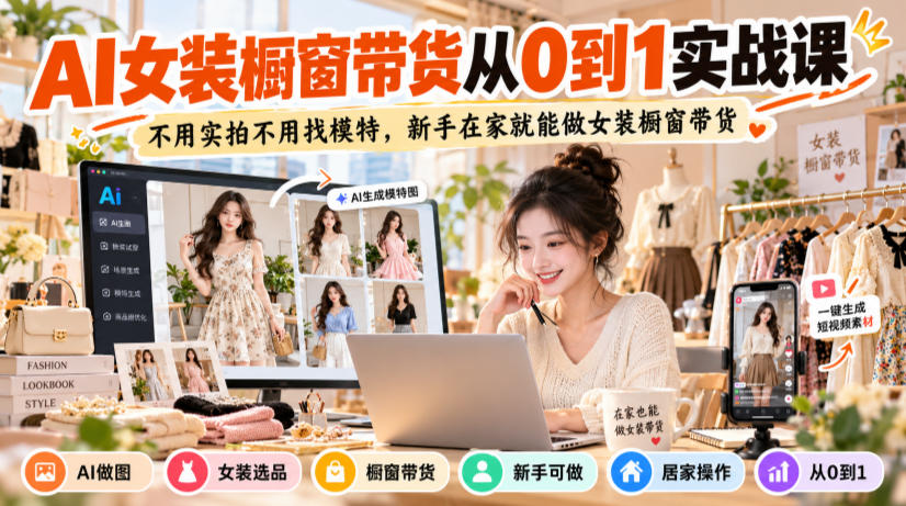 AI女装橱窗带货从0到1实战课，不用实拍不用找模特，新手在家就能做女装橱窗带货-shxbox省心宝盒