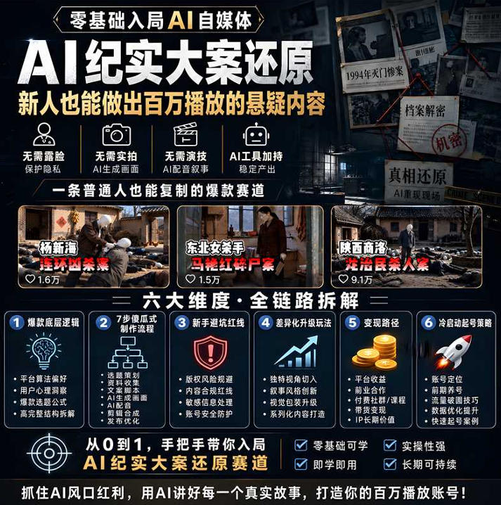 抖音8W粉丝博主的AI纪实大案还原教学,新人也能做出百W播放的悬疑内容,抓住AI风口红利,用AI讲好每一个真实故事(更新1014)