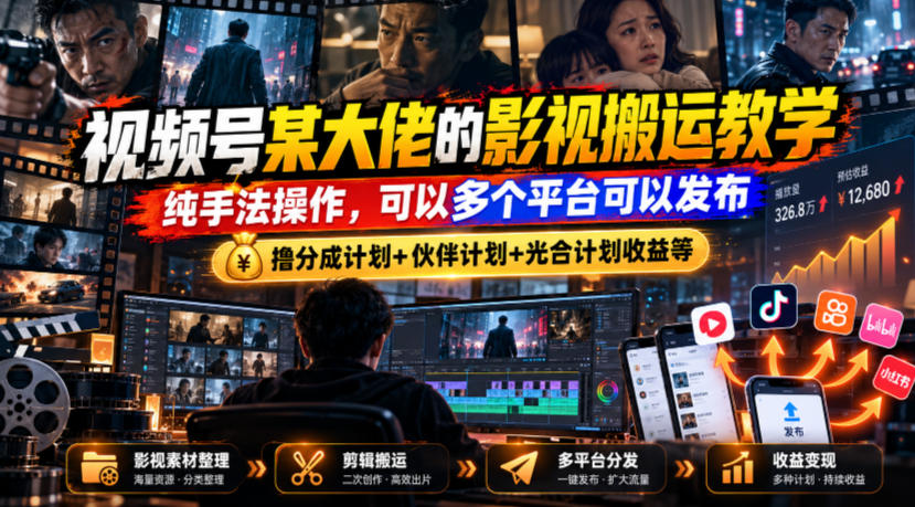 视频号某大佬的影视搬运教学，纯手法操作，可以多个平台可以发布，撸分成计划+伙伴计划+光合计划收益等-shxbox省心宝盒