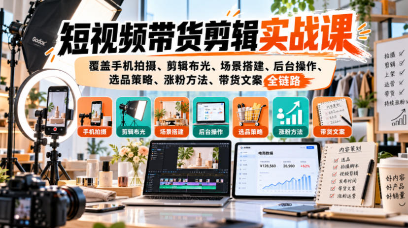 短视频带货剪辑实战课,覆盖手机拍摄、剪辑布光、场景搭建、后台操作、选品策略、涨粉方法、带货文案全链路