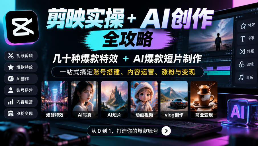 剪映实操+AI创作全攻略｜几十种爆款特效+AI爆款短片制作，一站式搞定账号搭建、内容运营、涨粉与变现-shxbox省心宝盒