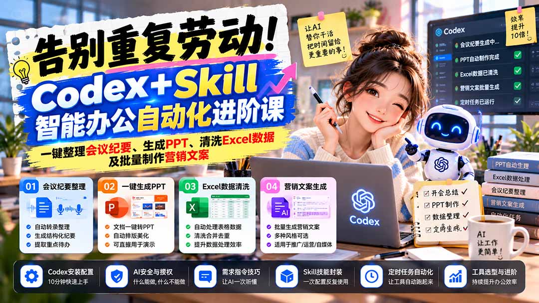 告别重复劳动！Codex+Skill智能办公自动化进阶课：一键整理会议纪要、生成PPT、清洗Excel数据及批量制作营销文案-shxbox省心宝盒