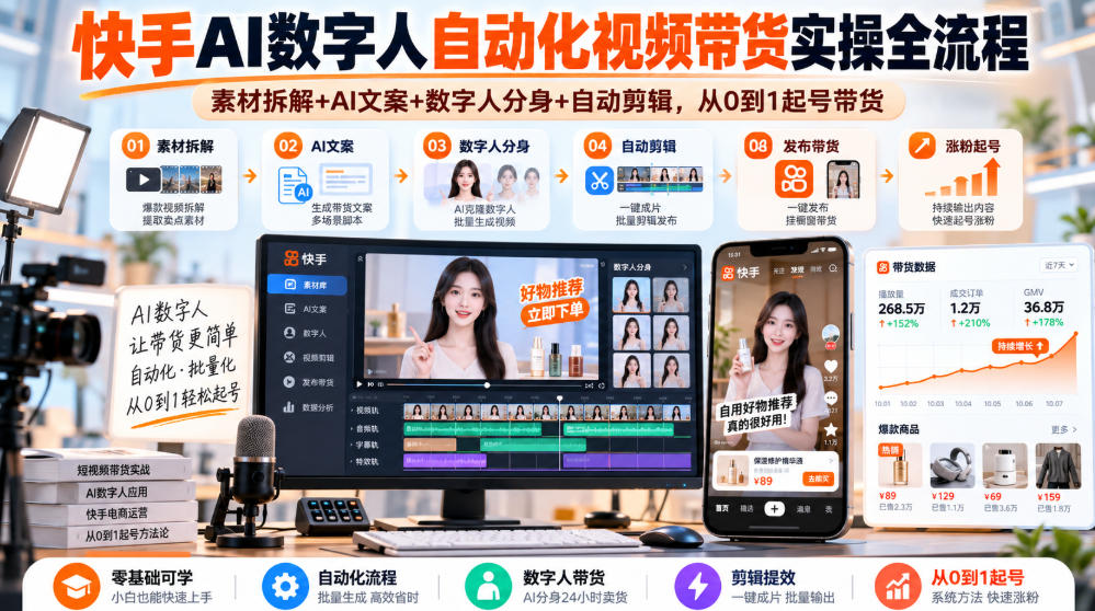 快手AI数字人自动化视频带货实操全流程｜素材拆解+AI文案+数字人分身+自动剪辑，从0到1起号带货(更新26年)-shxbox省心宝盒