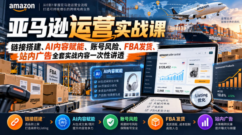 亚马逊运营实战课，链接搭建、AI内容赋能、账号风险、FBA发货、站内广告全套实战内容一次性讲透-shxbox省心宝盒