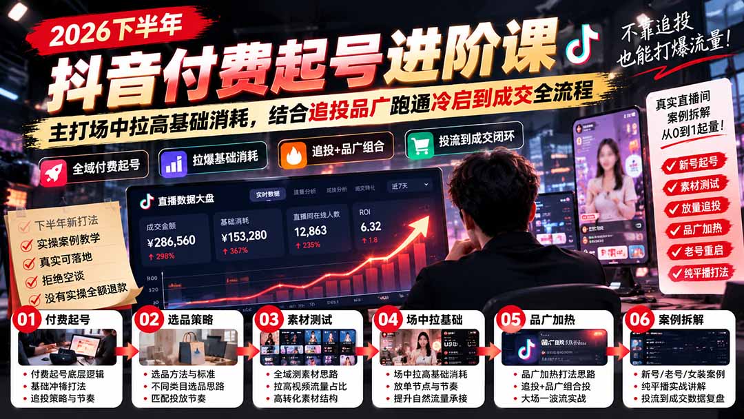 2026下半年抖音付费起号进阶课-更新1019：主打场中拉高基础消耗，结合追投品广跑通冷启到成交全流程-shxbox省心宝盒
