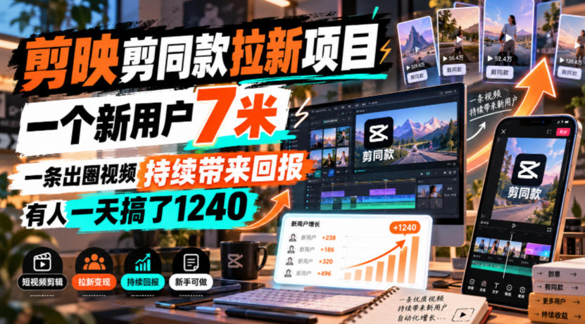 剪映剪同款拉新项目，一个新用户7米，一条出圈视频持续带来回报，有人一天搞了1240-shxbox省心宝盒