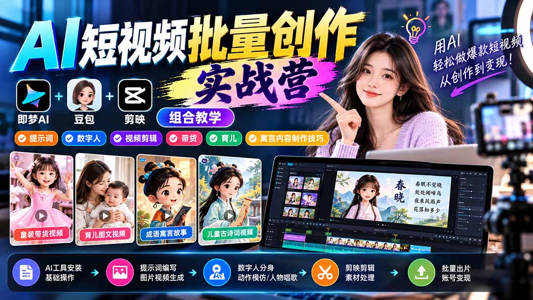 【无水印】AI短视频批量创作实战营：即梦+豆包+剪映组合教学，提示词/数字人/视频剪辑/带货/育儿/寓言内容制作技巧-shxbox省心宝盒