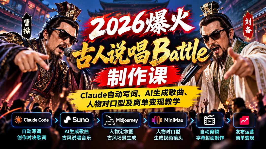2026爆火古人说唱Battle制作课：Claude自动写词、AI生成歌曲、人物对口型及商单变现教学-shxbox省心宝盒
