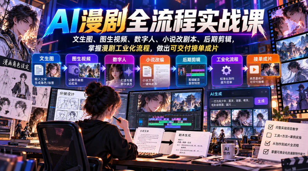 AI漫剧全流程实战课，文生图、图生视频、数字人、小说改剧本、后期剪辑，掌握漫剧工业化流程，做出可交付接单成片-shxbox省心宝盒