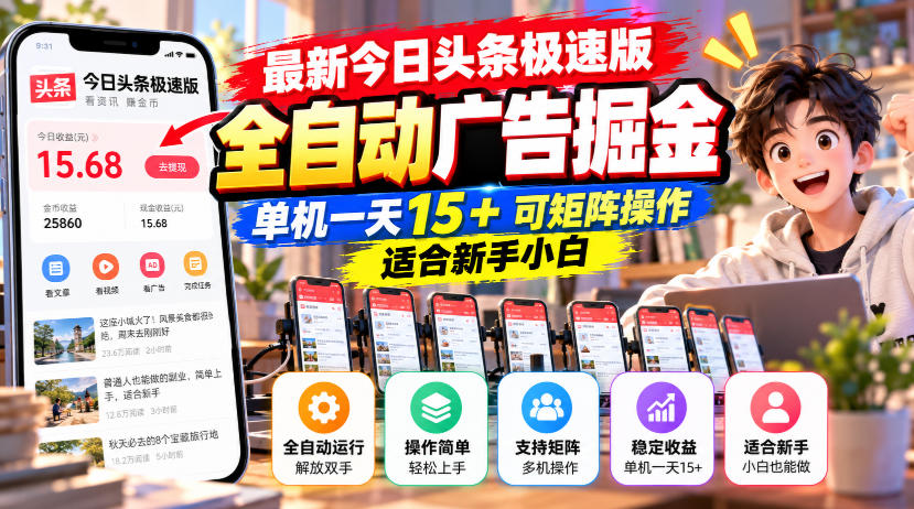 最新今日头条极速版全自动广告掘金，单机一天15+可矩阵操作适合新手小白-shxbox省心宝盒