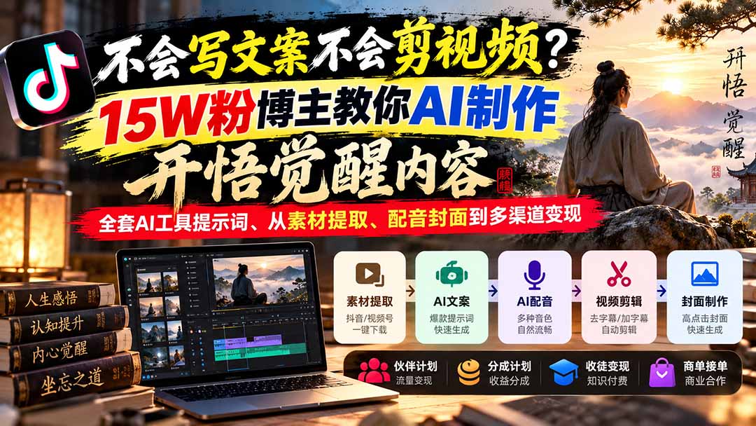 不会写文案不会剪视频？15W粉博主教你AI制作开悟觉醒内容，全套AI工具提示词、从素材提取、配音封面到多渠道变现-shxbox省心宝盒