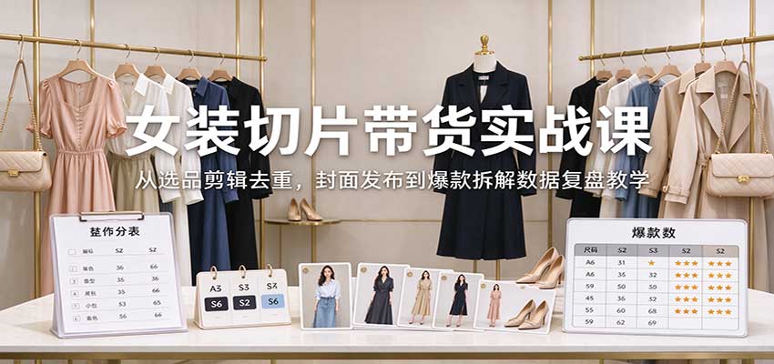 女装切片带货实战课：从选品剪辑去重，封面发布到爆款拆解数据复盘教学-shxbox省心宝盒
