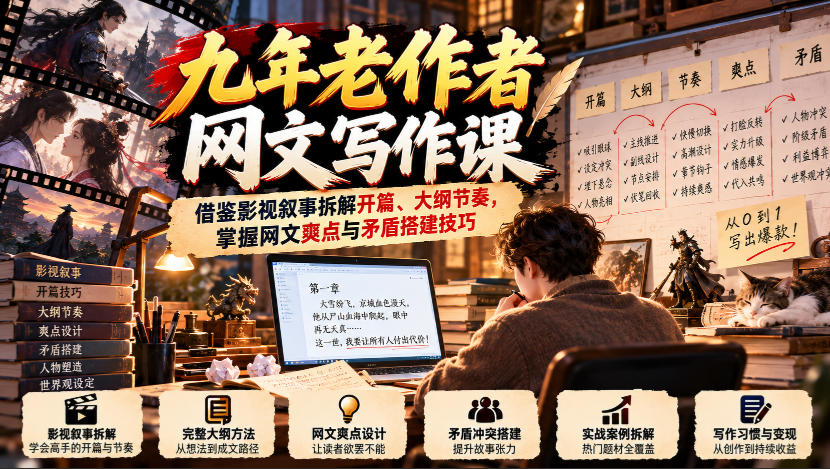 九年老作者网文写作课：借鉴影视叙事拆解开篇、大纲节奏，掌握网文爽点与矛盾搭建技巧-shxbox省心宝盒