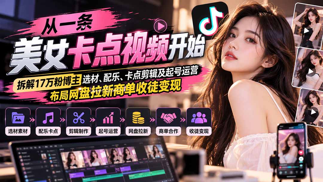 从一条美女卡点视频开始：拆解17万粉博主选材、配乐、卡点剪辑及起号运营，布局网盘拉新商单收徒变现-shxbox省心宝盒
