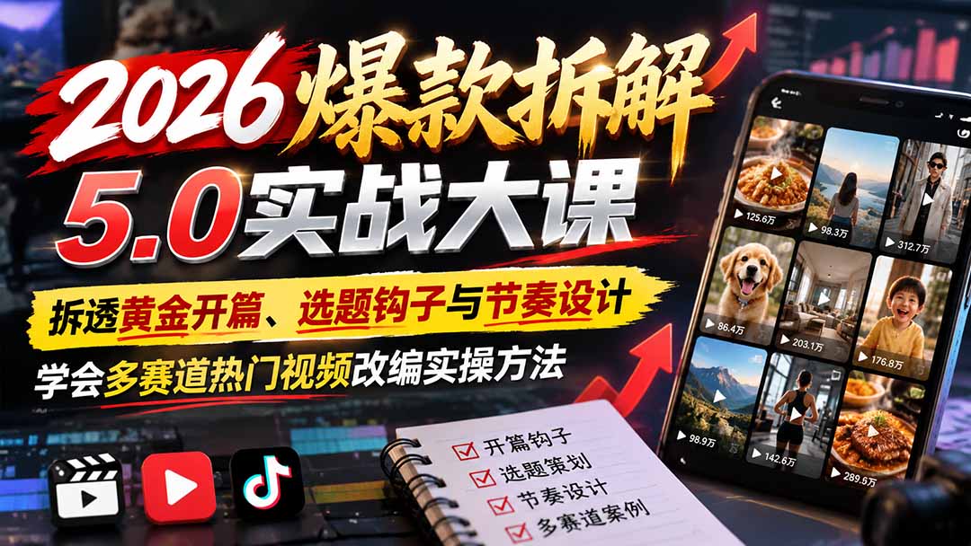 2026爆款拆解5.0实战大课：拆透黄金开篇、选题钩子与节奏设计，学会多赛道热门视频改编实操方法-shxbox省心宝盒