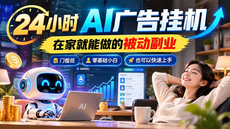 24小时AI广告挂机｜在家就能做的被动副业，门槛低，零基础小白也可以快速上手-shxbox省心宝盒