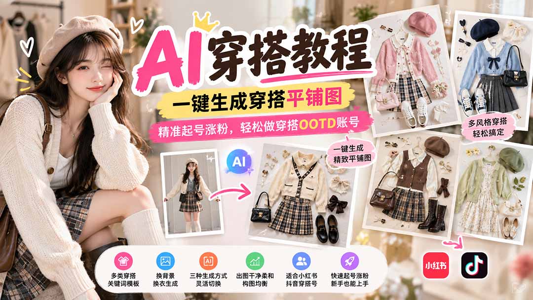 【无水印】AI穿搭教程｜一键生成穿搭平铺图，精准起号涨粉，轻松做穿搭OOTD账号-shxbox省心宝盒