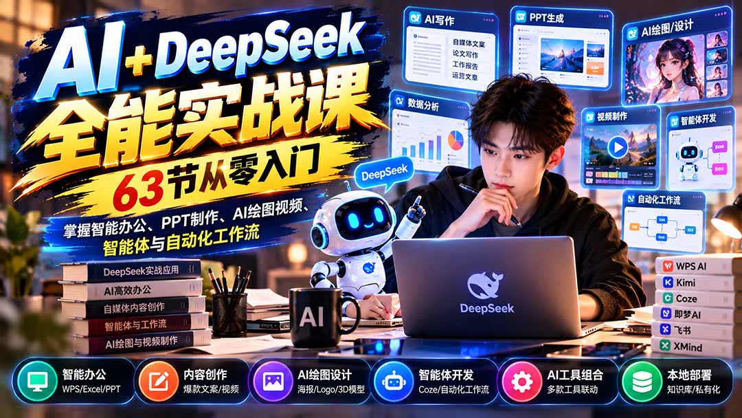 AI+DeepSeek全能实战课：63节从零入门，掌握智能办公、PPT制作、AI绘图视频、智能体与自动化工作流-shxbox省心宝盒
