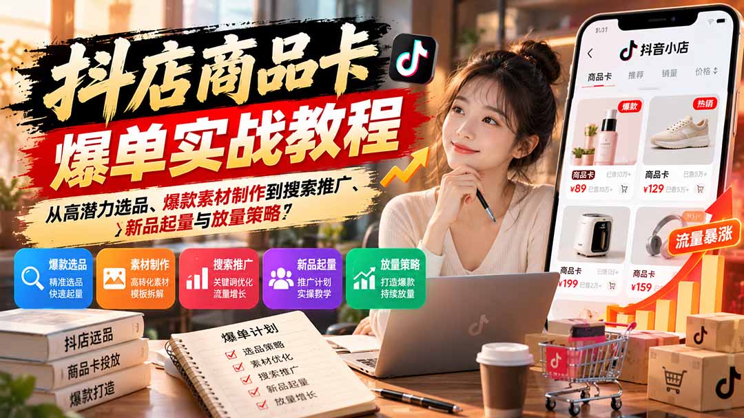 抖店商品卡爆单实战教程：从高潜力选品、爆款素材制作到搜索推广、新品起量与放量策略-shxbox省心宝盒