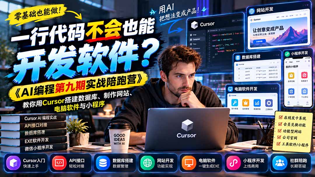 一行代码不会也能开发软件？《AI编程第九期实战陪跑营》教你用Cursor搭建数据库、制作网站、电脑软件与小程序-shxbox省心宝盒