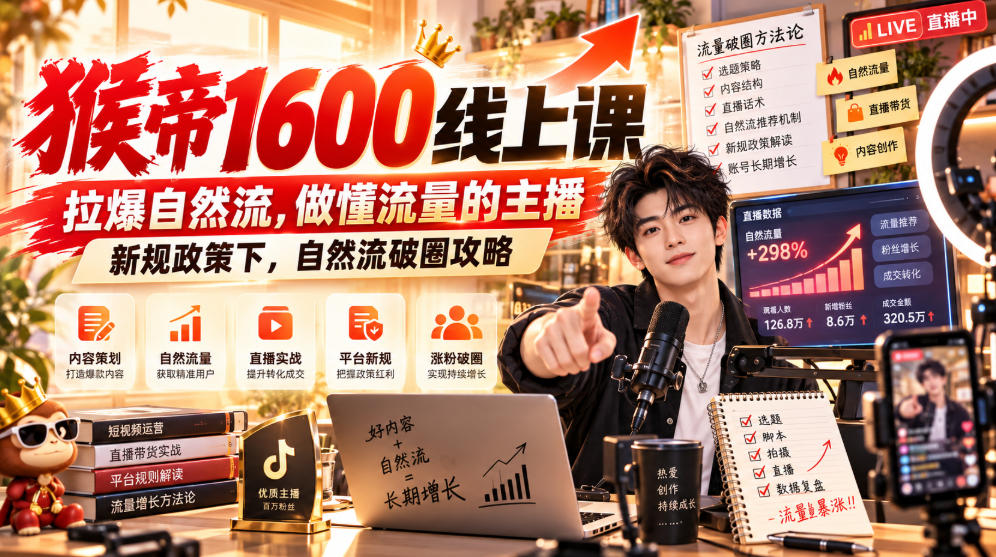 猴帝1600线上课,拉爆自然流,做懂流量的主播,新规政策下,自然流破圈攻略【更新261023】